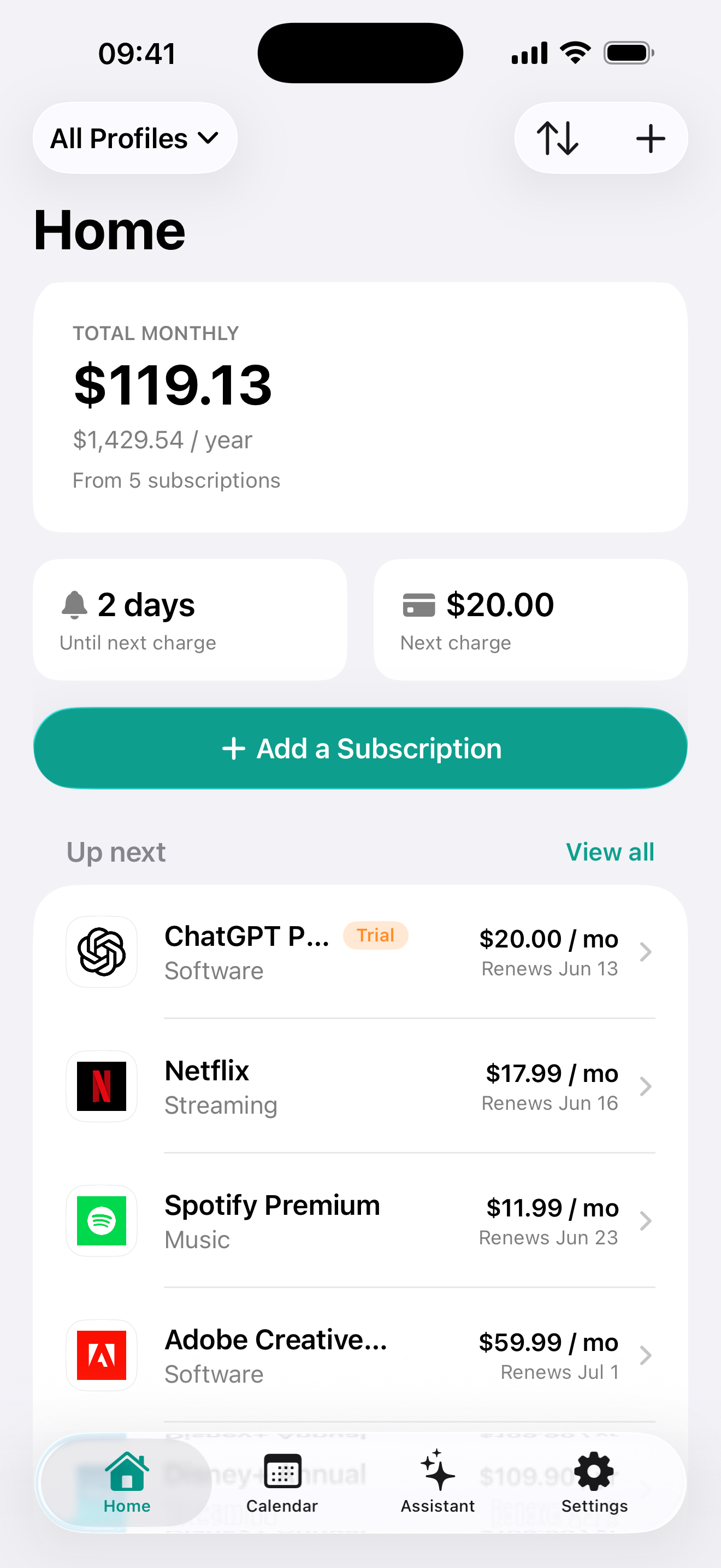 SubPilot home screen showing total monthly spend and upcoming subscription renewals