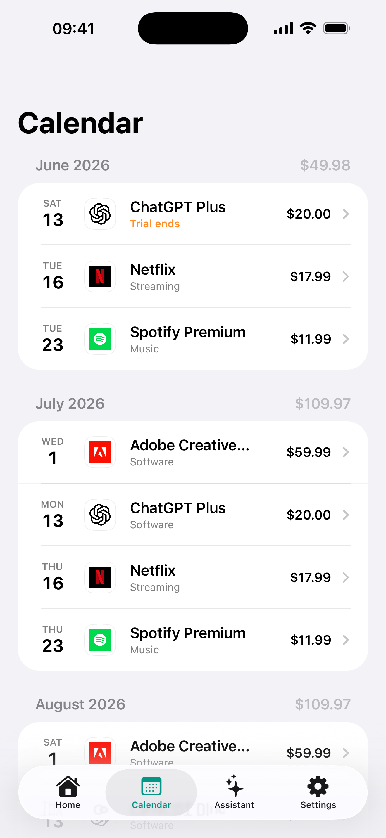 Calendar of upcoming subscription charges in SubPilot