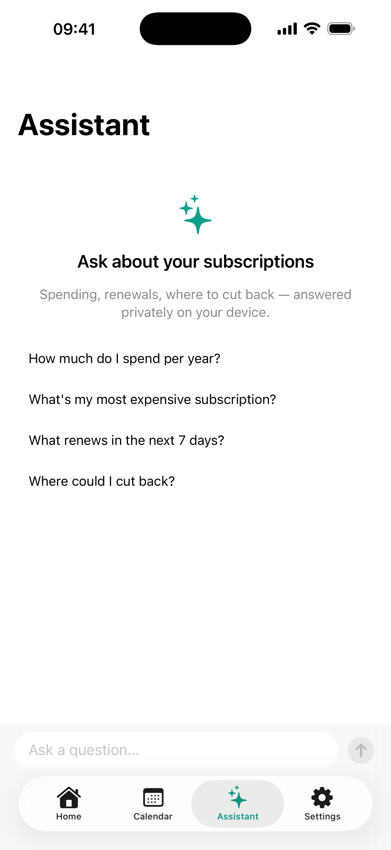 SubPilot on-device AI assistant answering a question about subscription spending