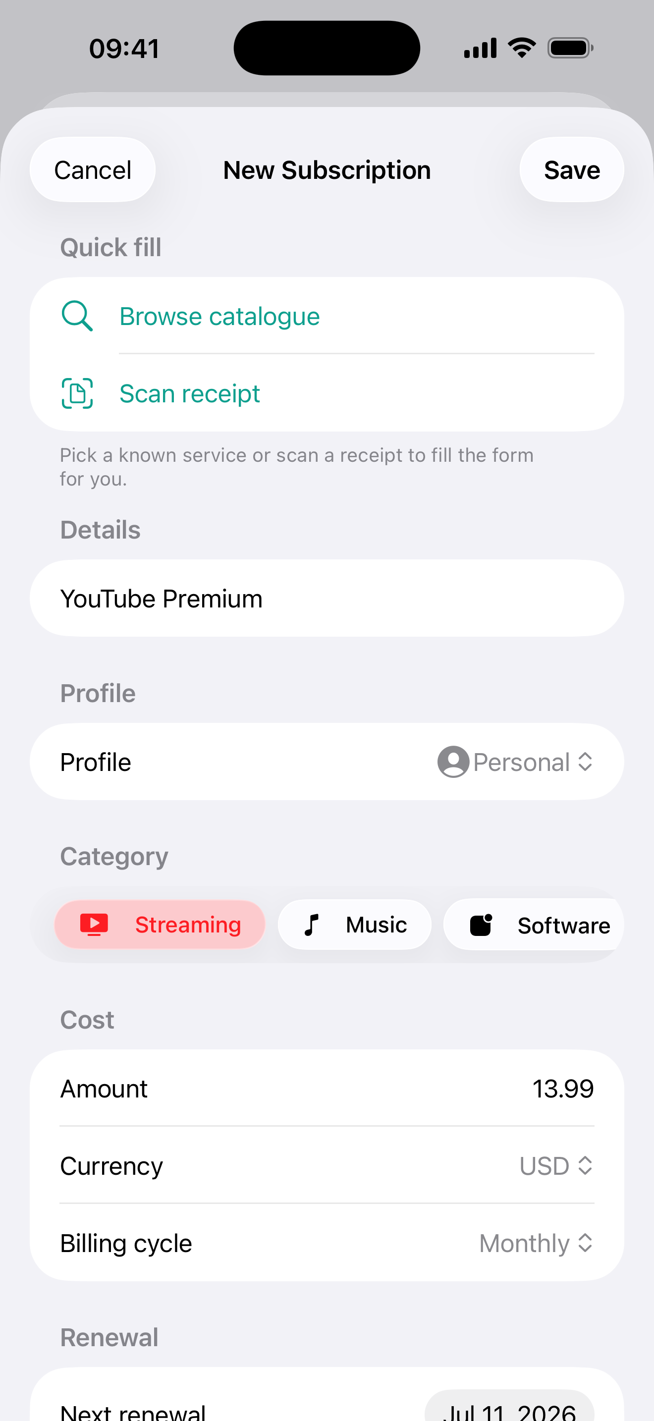 Scanning a receipt to add a subscription in SubPilot